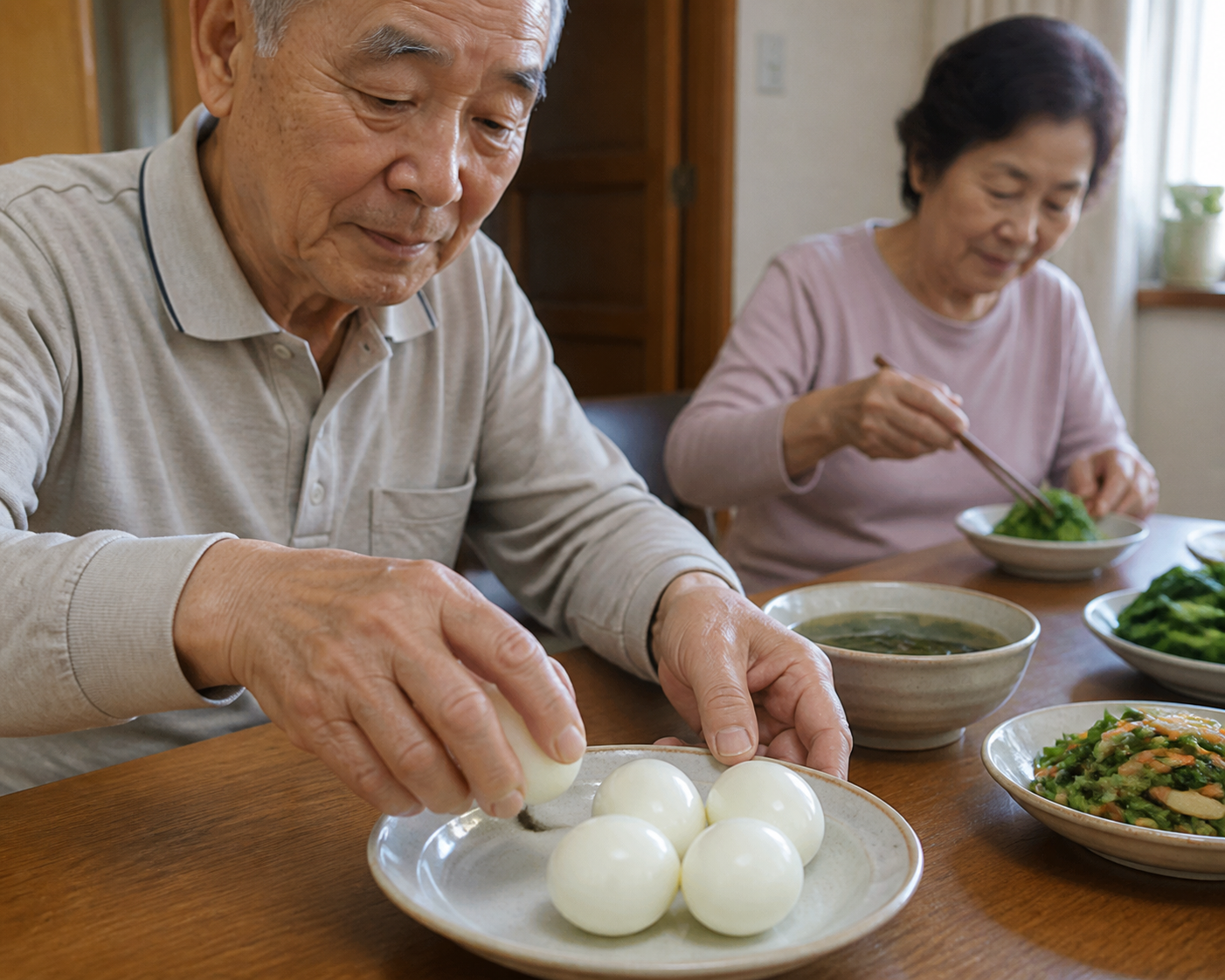 삶은 달걀을 식탁에 올려놓는 부부의 모습
