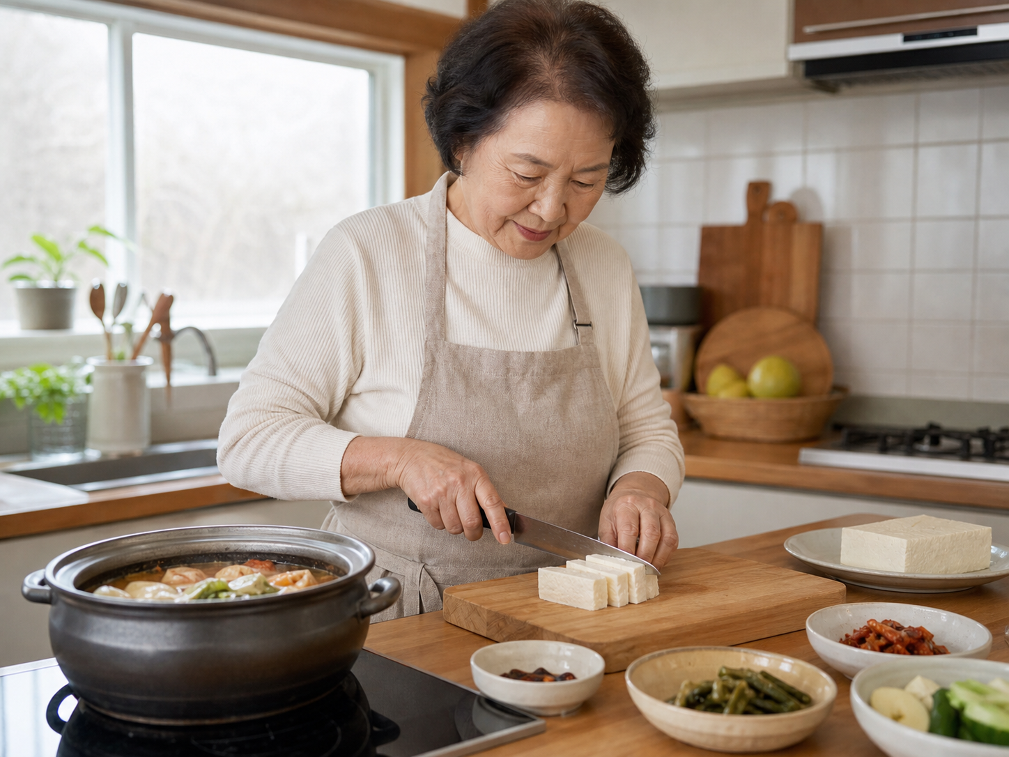 70대 여성이 주방에서 두부를 써는 모습
