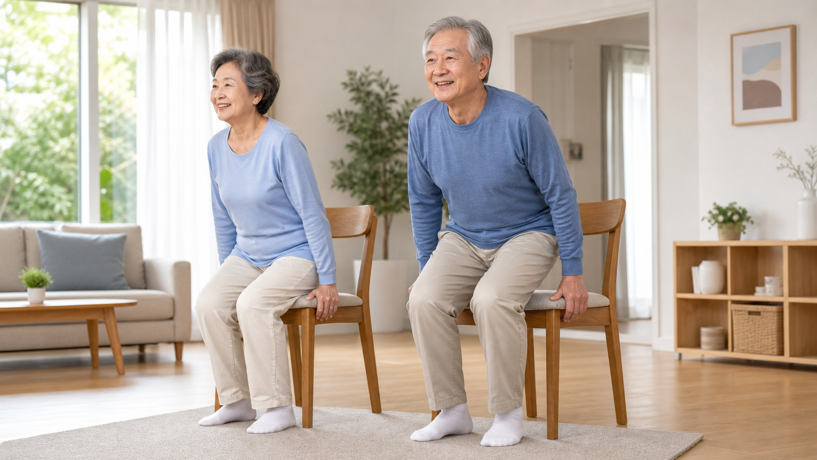 부부가 의자 등받이를 잡고 안전하게 앉았다 일어나는 운동을 하는 모습
