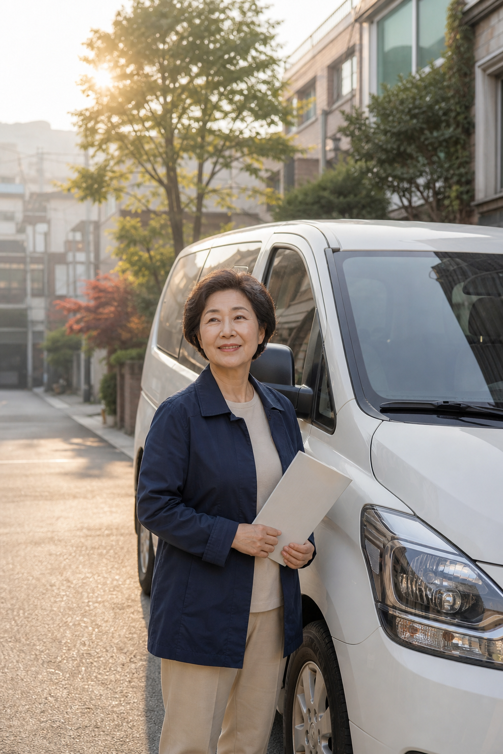 차량 옆에서 운전 준비를 하는 장년 여성